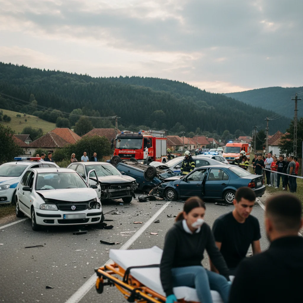 Accident grav cu cinci mașini în Neamț, doi tineri răniți