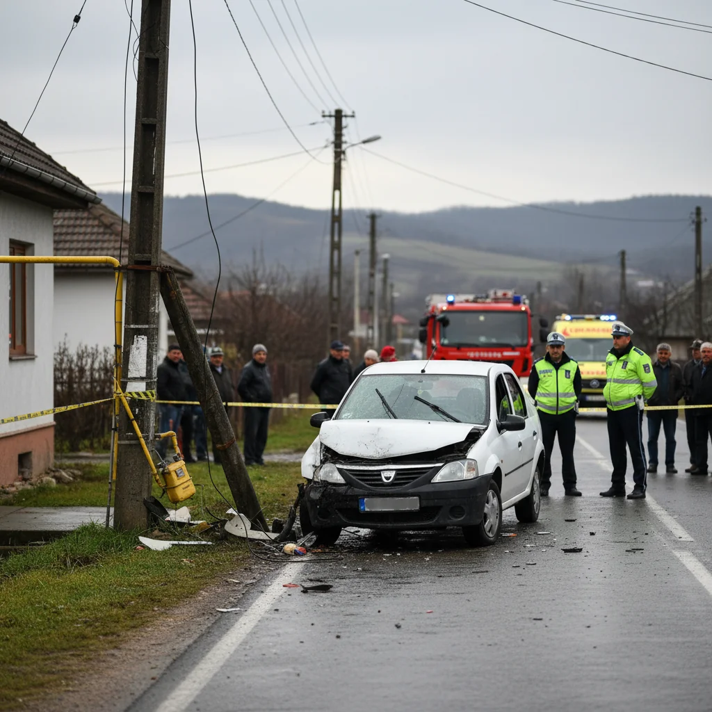 Accident în Neamț: Mașină distruge stâlp de electricitate și contor