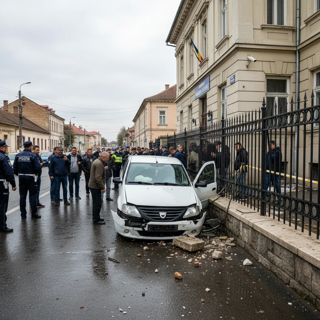 Accident pe străzi și autoturism parcat în gardul primăriei