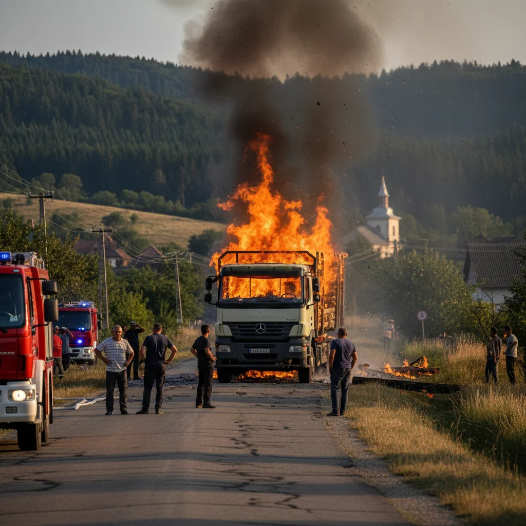 Camion cu lemne cuprins de flăcări pe un drum din județul Neamț, intervenție de urgență anunțată la 112 la Piatra Neamț