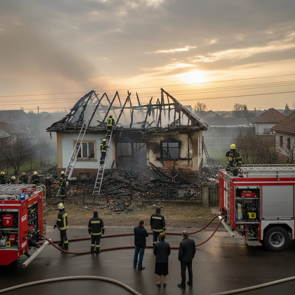 Casă mistuită de un incendiu puternic