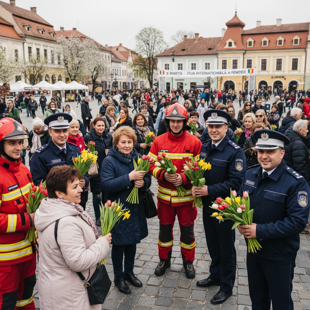 În județul Neamț, femeile au primit flori de 8 Martie din partea poliției, pompierilor și jandarmilor (VIDEO)
